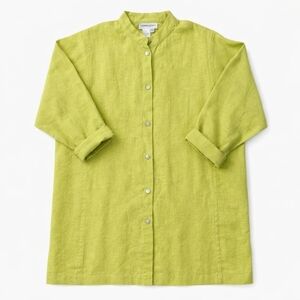 VTG Bloomingdale 100% linen yellow green button down shirt size 14